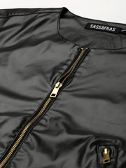 Women Solid Black Round Neck Full Sleeve Jacket