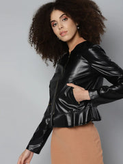 Women Solid Black Round Neck Full Sleeve Jacket