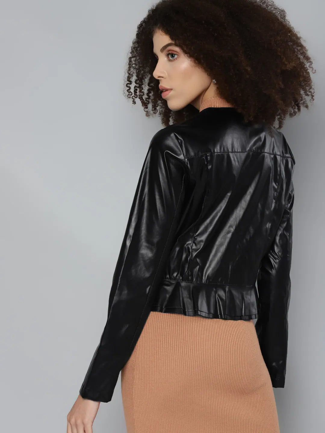 Women's Black Round Neck Full Sleeve PU Jacket | Trendy Jacket