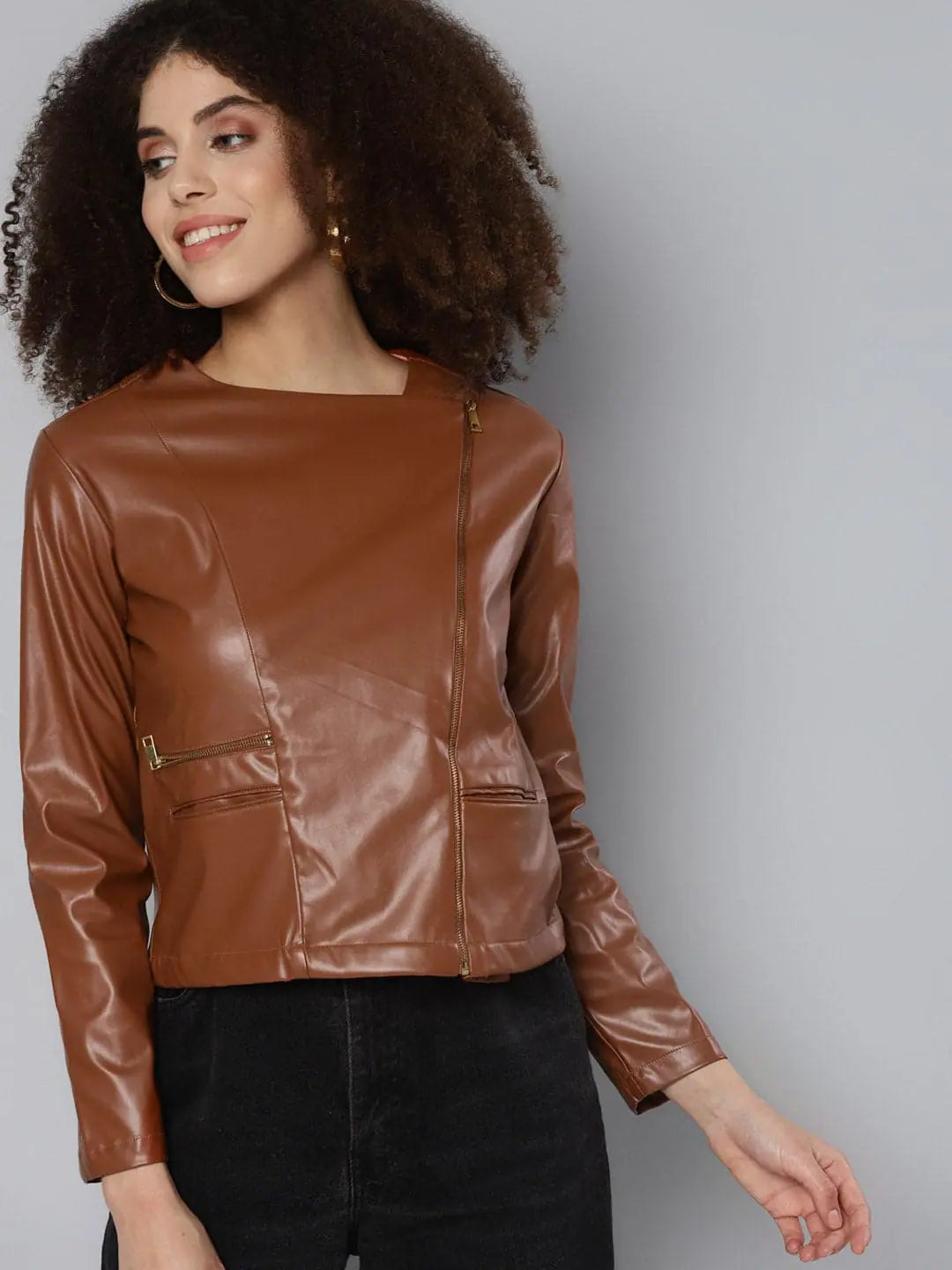 Brown PU Biker Jacket for Women | Women's Fashion Jackets