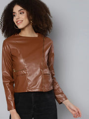 Women Solid Brown Round Neck Full Sleeve Jacket