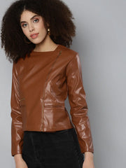 Women Solid Brown Round Neck Full Sleeve Jacket