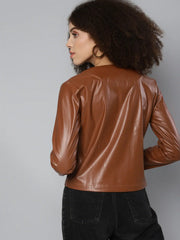 Women Solid Brown Round Neck Full Sleeve Jacket