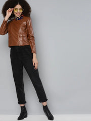 Women Solid Brown Round Neck Full Sleeve Jacket