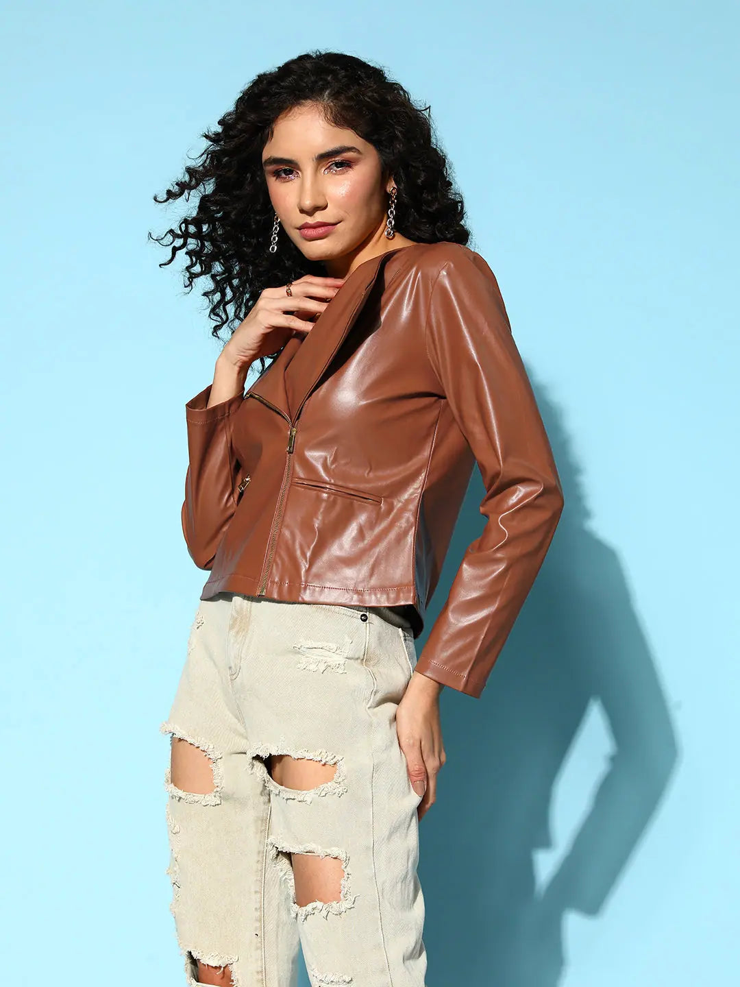 Brown PU Biker Jacket | Women's Fashion Jackets and Outerwear