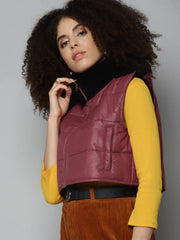 Women Solid Maroon Sleeveless Jacket