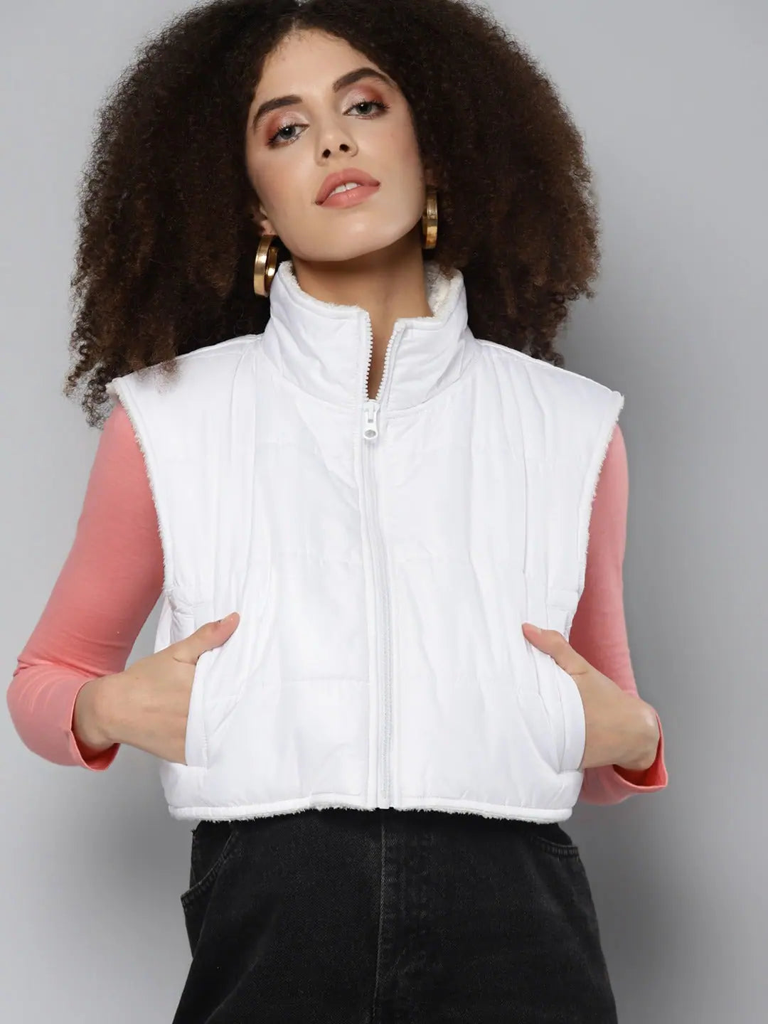 Women Solid White Sleeveless Jacket