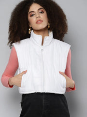Women Solid White Sleeveless Jacket