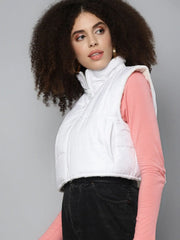 Women Solid White Sleeveless Jacket