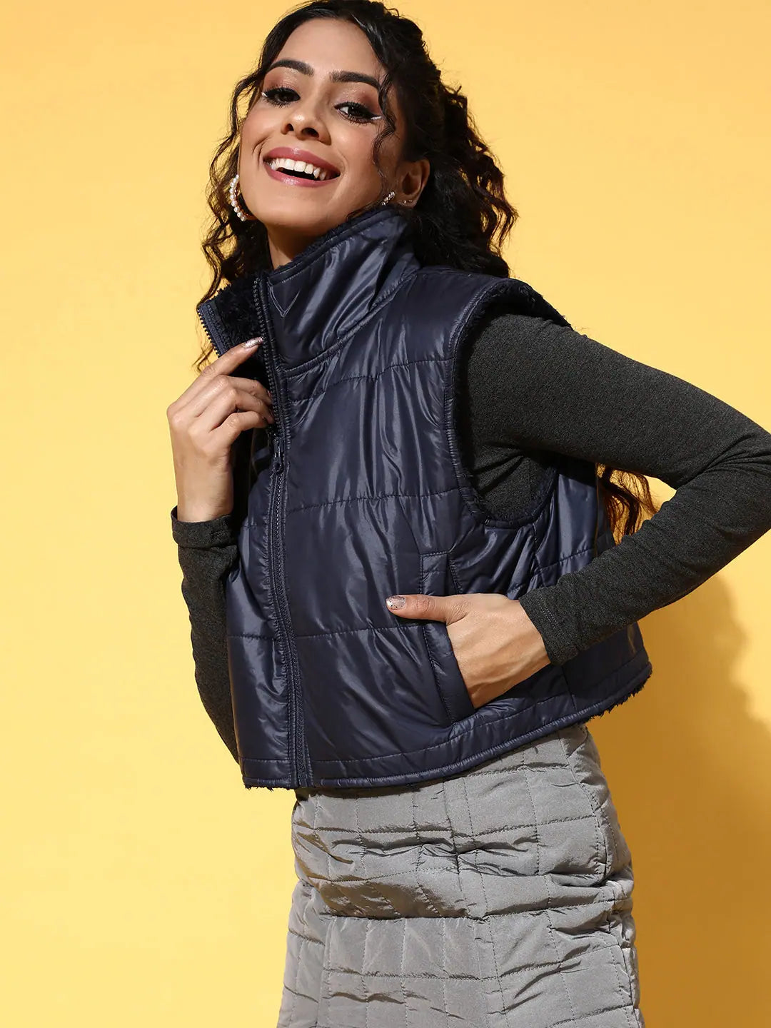 Navy Fur Lined Sleeveless Jacket | Women's Winter Coats