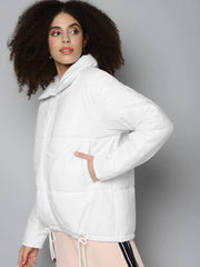Women Solid White Collared Neck Full Sleeve Jacket