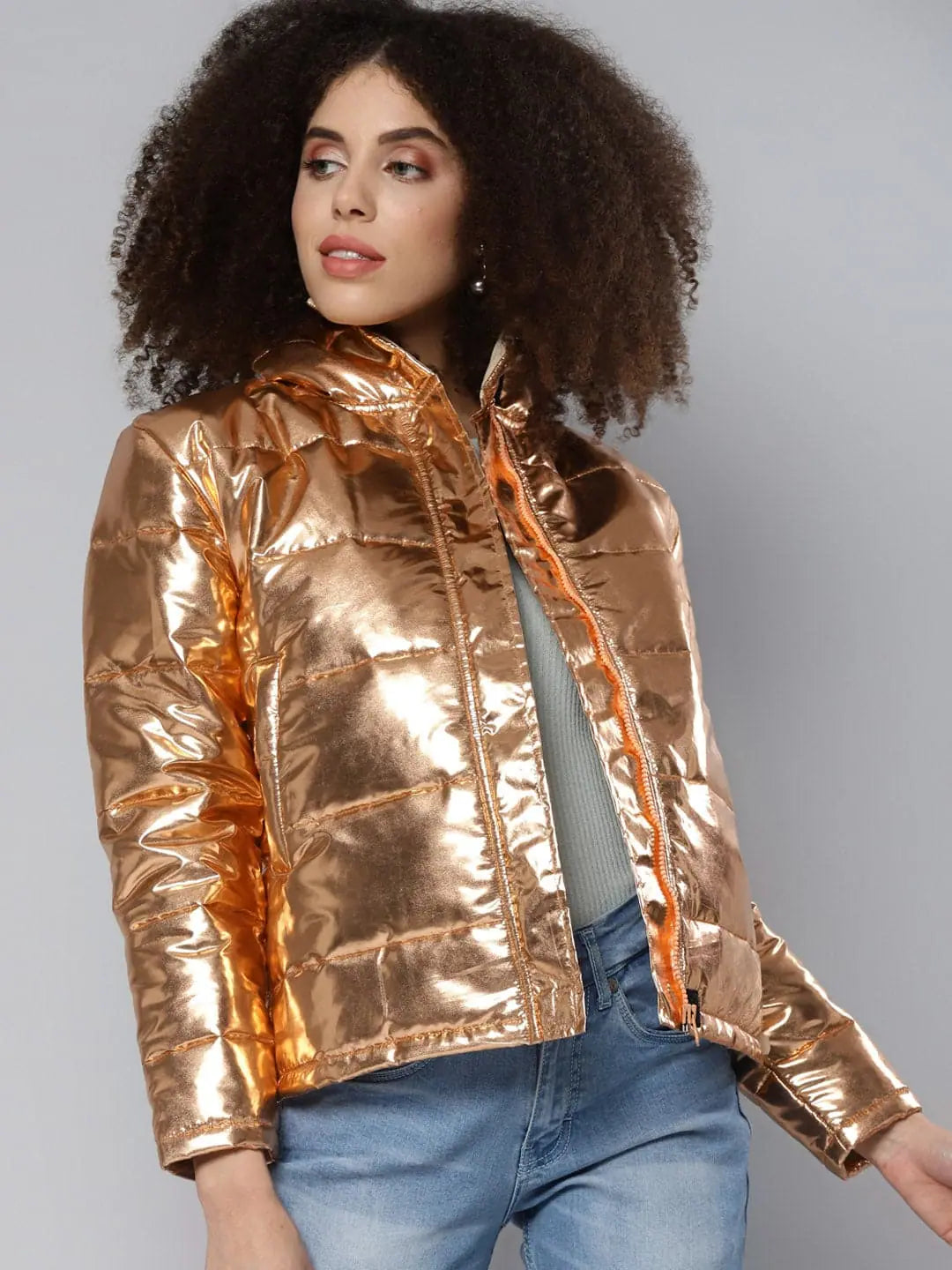 Copper Metallic Puffer Jacket - Trendy Women's Fashion Jackets