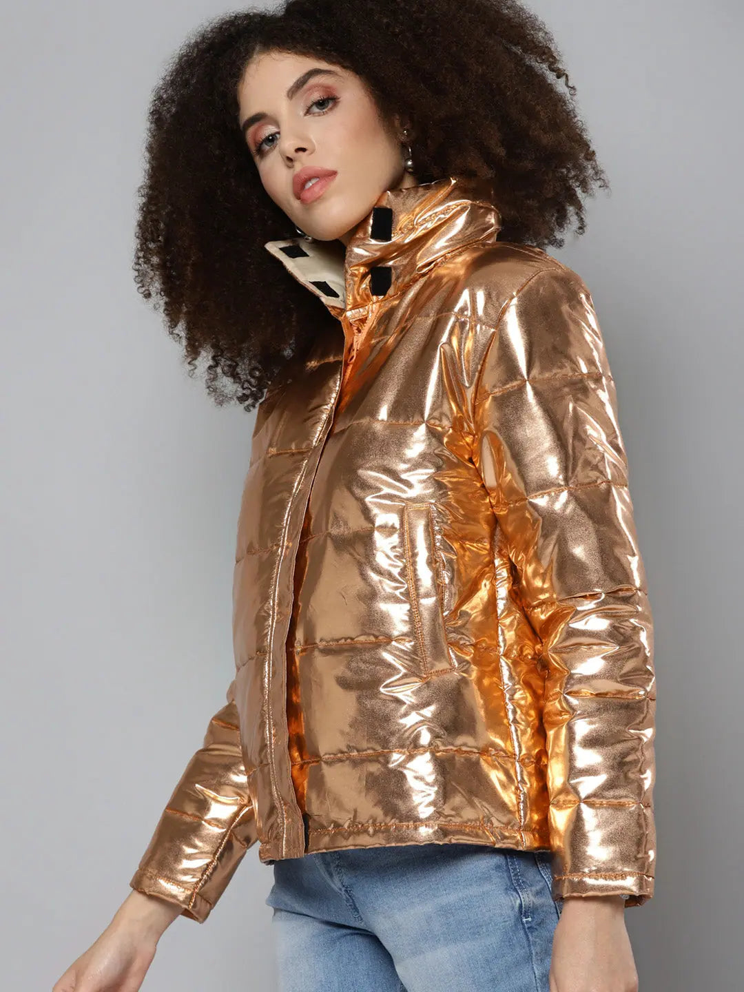 Copper Metallic Puffer Jacket - Trendy Women's Fashion Jackets