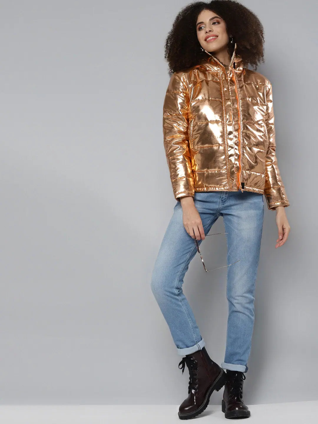 Copper Metallic Puffer Jacket - Trendy Women's Fashion Jackets