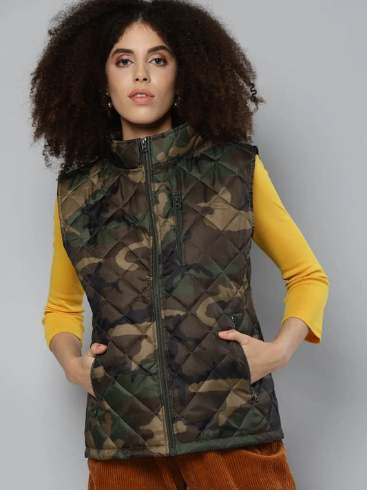 Women Printed Green Sleeveless Jacket 1080