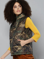 Women Printed Green Sleeveless Jacket