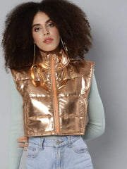 Women Solid Copper Sleeveless Jacket