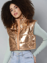 Women Solid Copper Sleeveless Jacket
