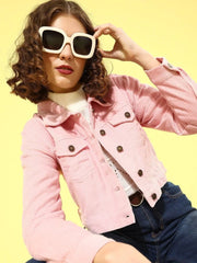Women Solid Pink Collared Neck Full Sleeve Jacket