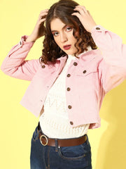 Women Solid Pink Collared Neck Full Sleeve Jacket