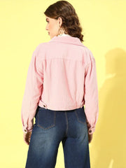 Women Solid Pink Collared Neck Full Sleeve Jacket