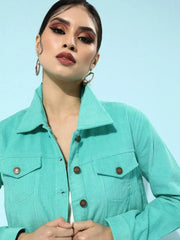 Women Solid Green Collared Neck Full Sleeve Jacket