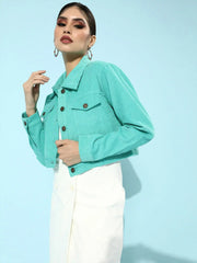 Women Solid Green Collared Neck Full Sleeve Jacket