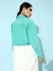 Women Solid Green Collared Neck Full Sleeve Jacket