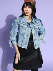 Women Solid Blue Collared Neck Full Sleeve Jacket