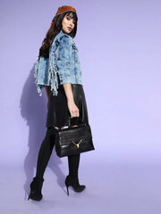 Women Solid Blue Collared Neck Full Sleeve Jacket