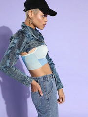 Women Solid Blue Collared Neck Full Sleeve Jacket