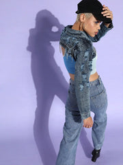 Women Solid Blue Collared Neck Full Sleeve Jacket