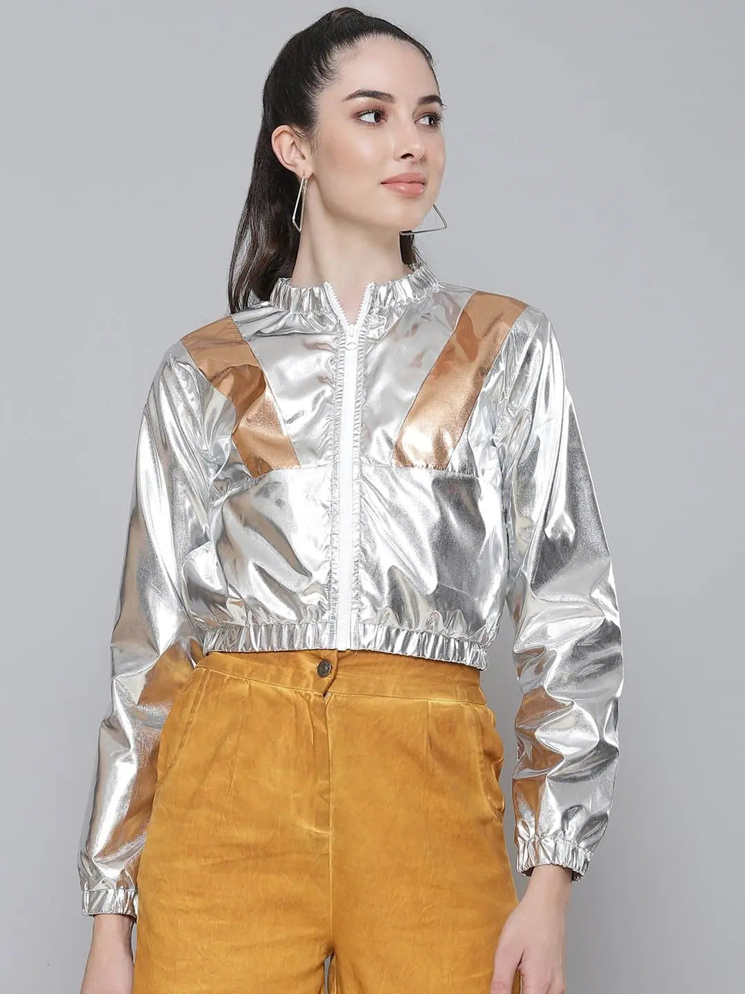 Silver Metallic Bomber Jacket - Trendy Women's Outerwear
