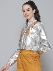 Women Solid Silver Full Sleeve Jacket