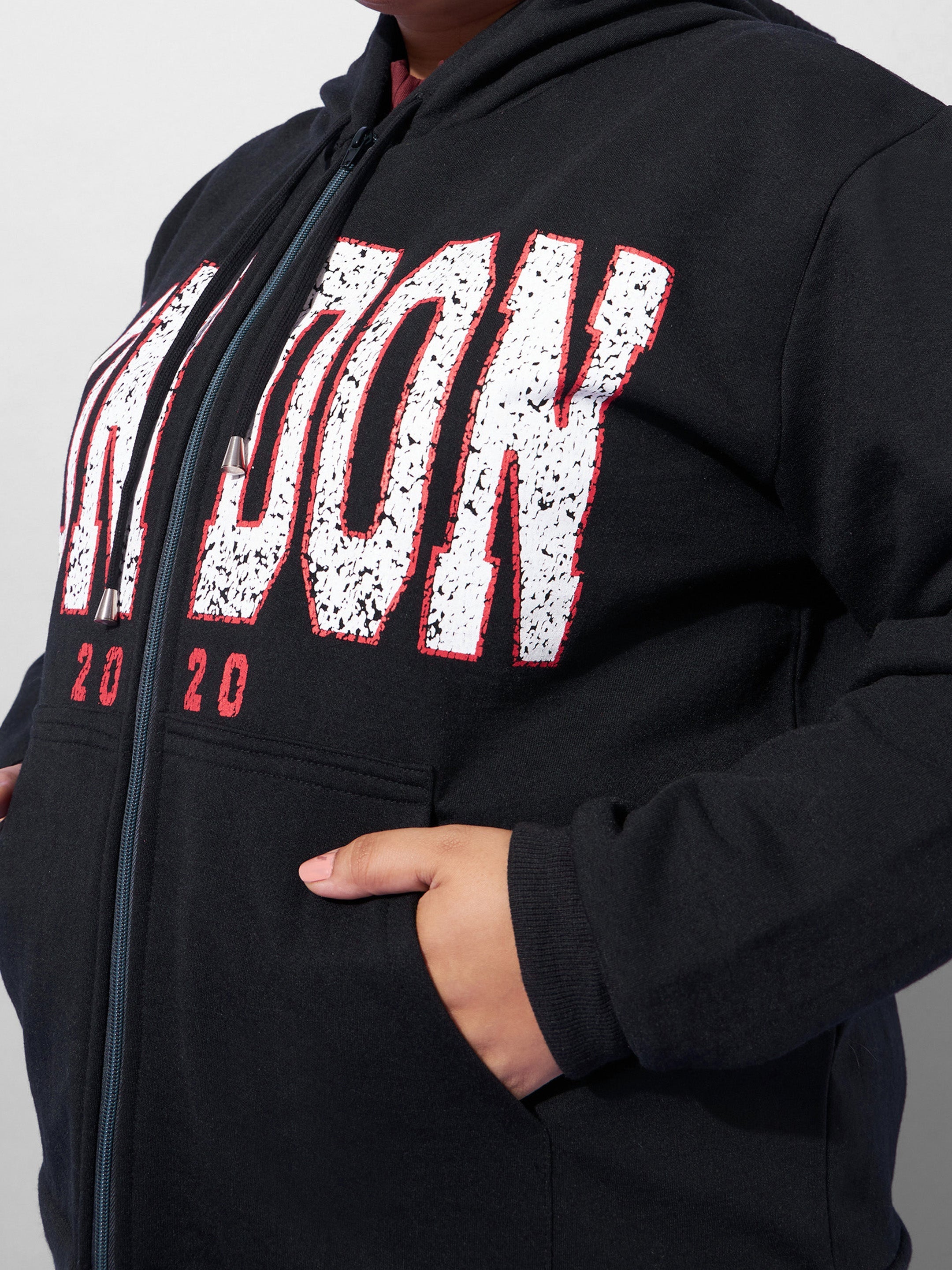 Women Black LONDON Printed Fleece Jacket With Sweatpants-SFJCKT6789_SFPANT51006