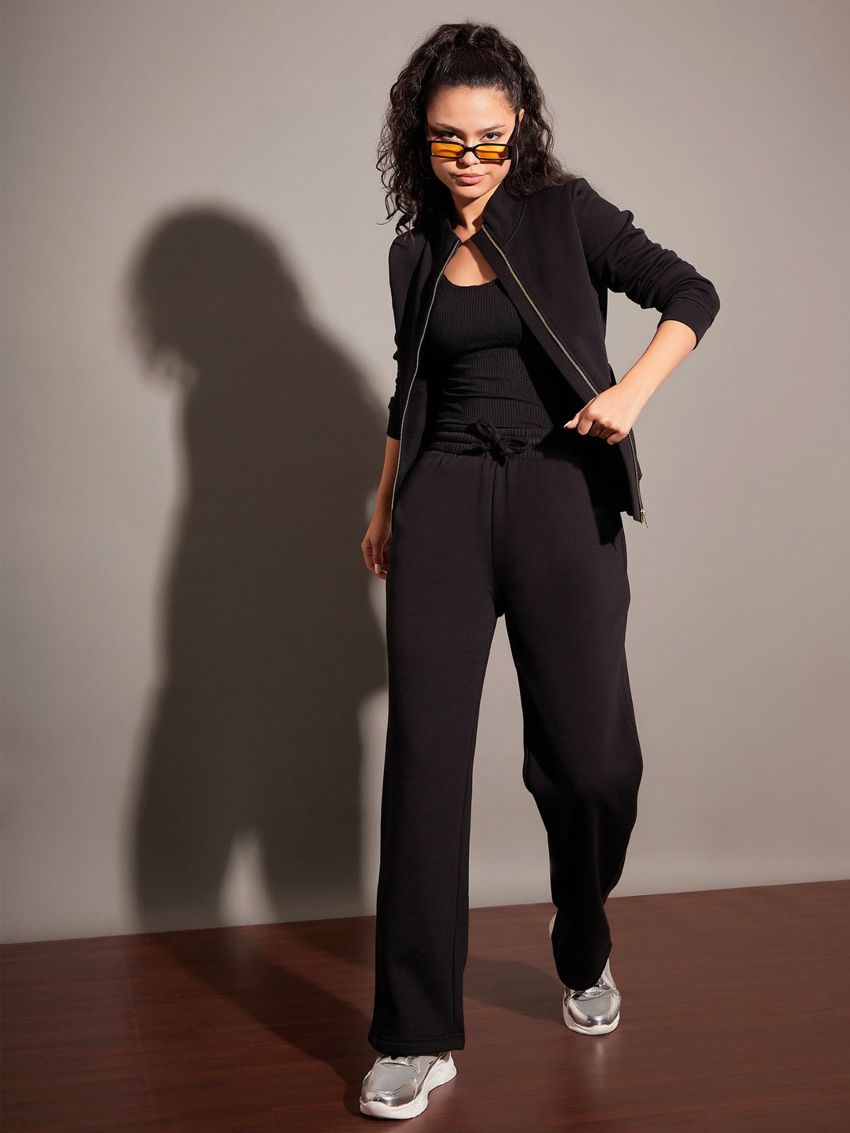 Women Black Fleece Zipper Jacket With Pant-SFJCKT6808_SFPANT50686