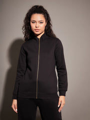 Women Black Fleece Zipper Jacket With Pant-SFJCKT6808_SFPANT50686