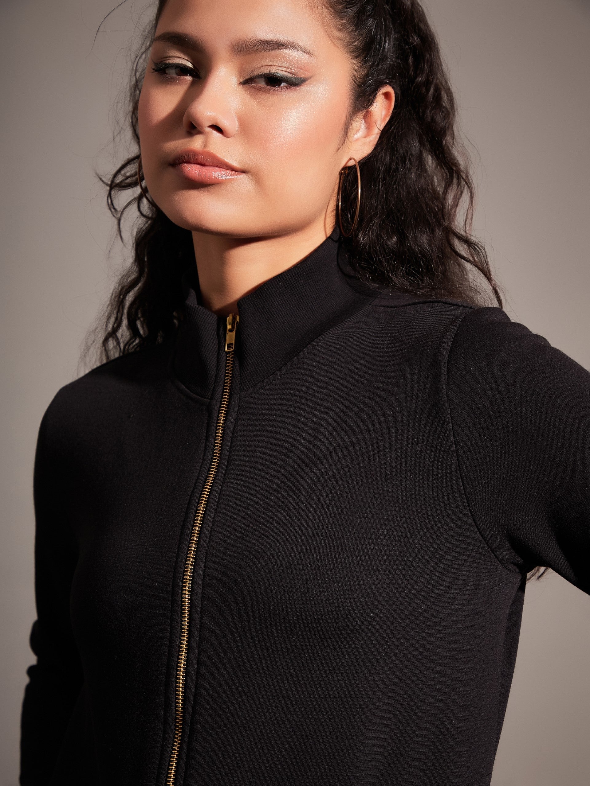 Women Black Fleece Zipper Jacket With Pant-SFJCKT6808_SFPANT50686