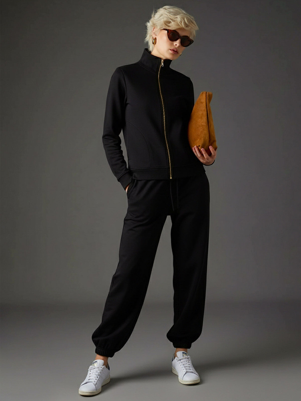 Women Black Fleece Zipper Jacket With Joggers-SFJCKT6808_SFPANT50730