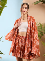 Women Rust Floral Front Open Kimono Shrug-SFJCKT6904