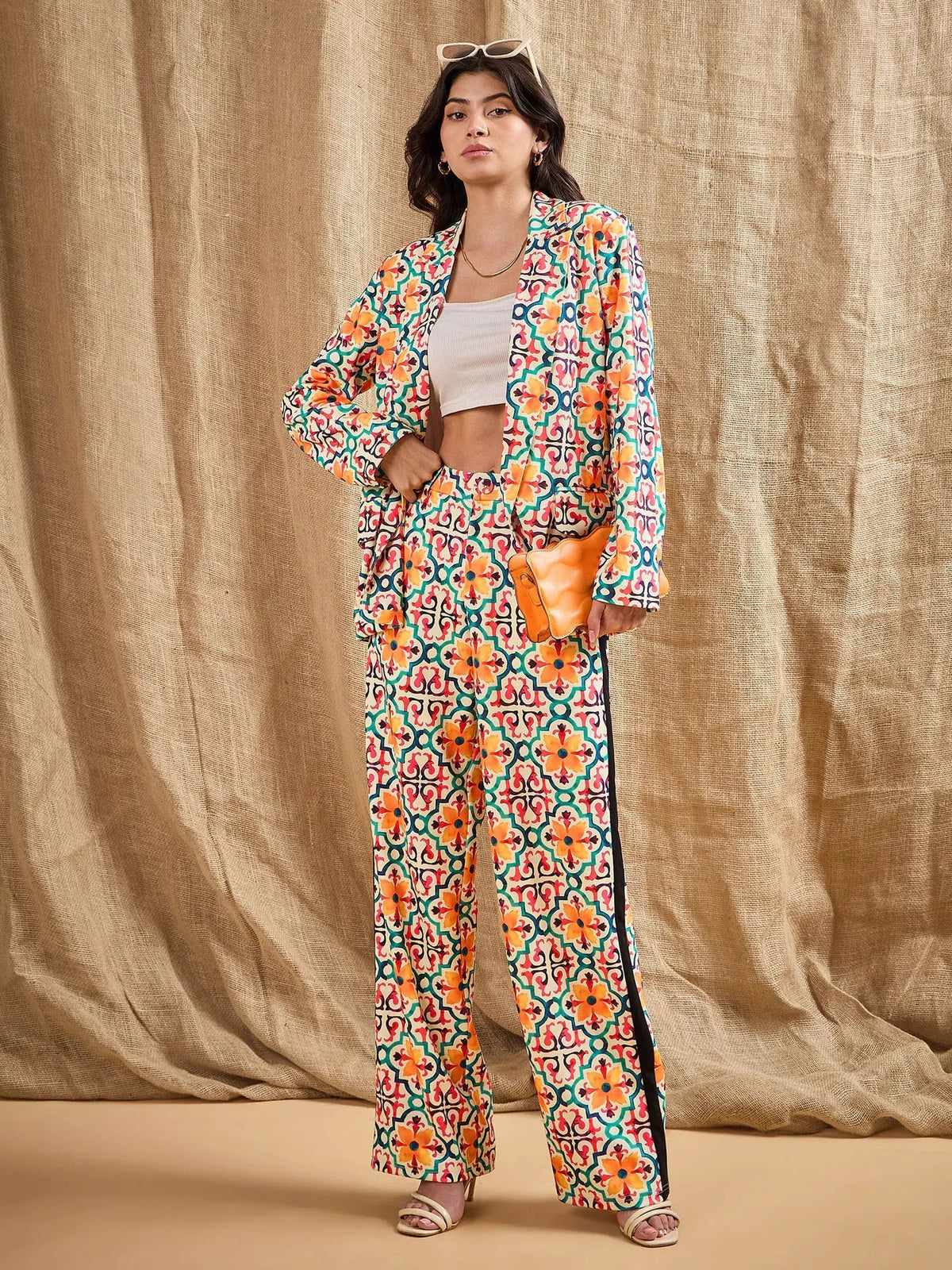 Women Yellow Printed Shawl Collar Blazer With Straight Fit Pants-SFJCKT6918_SFPANT50841