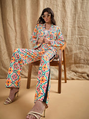 Women Yellow Printed Shawl Collar Blazer With Straight Fit Pants-SFJCKT6918_SFPANT50841