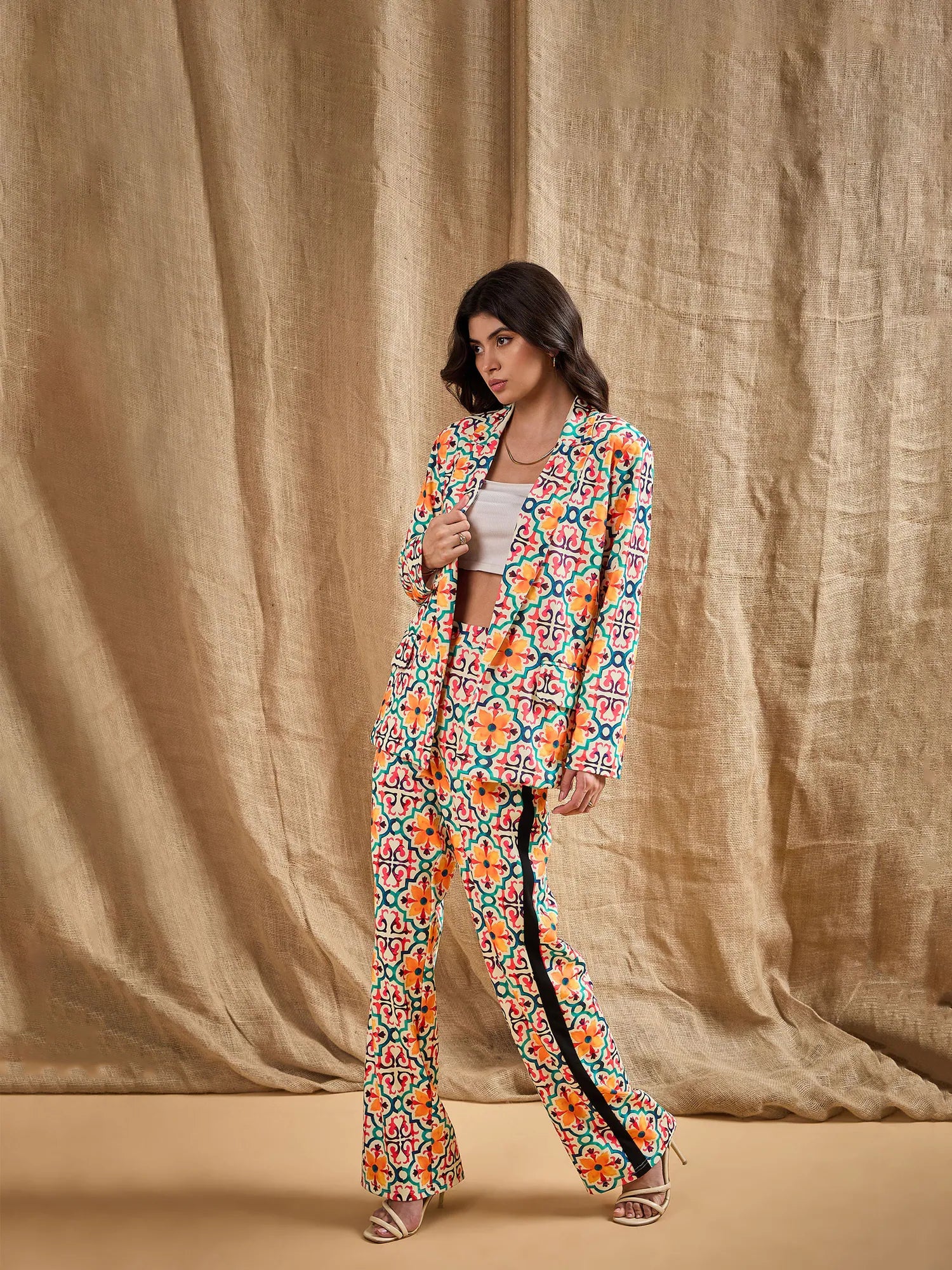 Wholesale Women Yellow Printed Shawl Collar Blazer With Straight Fit Pants