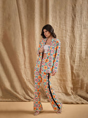 Women Yellow Printed Shawl Collar Blazer With Straight Fit Pants-SFJCKT6918_SFPANT50841
