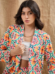 Women Yellow Printed Shawl Collar Blazer With Straight Fit Pants-SFJCKT6918_SFPANT50841