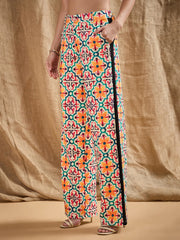 Women Yellow Printed Shawl Collar Blazer With Straight Fit Pants-SFJCKT6918_SFPANT50841