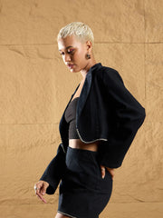 Women Black Denim Notch Collar Crop Blazer With Short Skirt-SFJCKT6921_SFSKRT30459