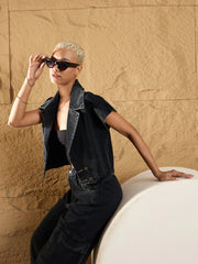 Women Black Denim Washed Gilet With Straight Fit Jeans-SFJCKT6924_SFJEAN0578