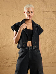 Women Black Denim Washed Gilet With Straight Fit Jeans-SFJCKT6924_SFJEAN0578