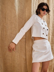 Women White Twiill Double Breasted Crop Blazer With Skort-SFJCKT6925_SFSKRT30460